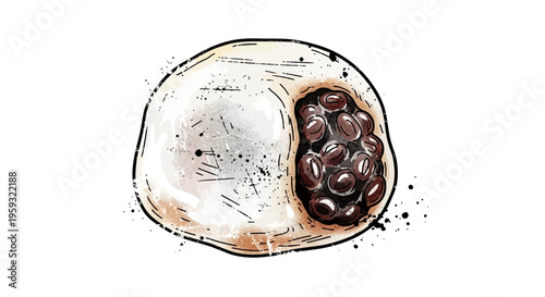 Hand-drawn mochi with red bean filling, isolated on white background