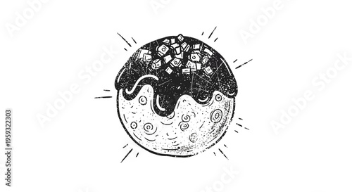 Hand-drawn takoyaki illustration with sauce and toppings