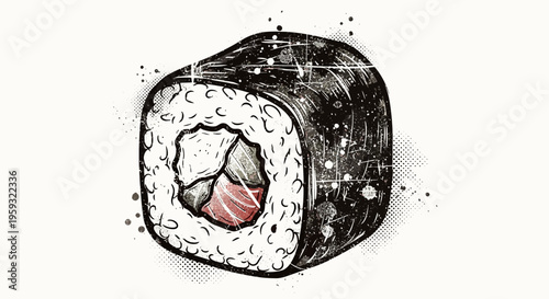 Hand-drawn sushi roll illustration with artistic ink and watercolor style