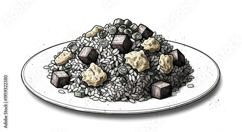 Illustration of gourmet fried rice with cubes of meat and peas on a white plate