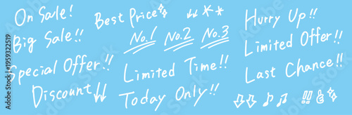 Handwritten sale lettering set with on sale, big sale, special offer, limited time and hurry up phrases for marketing, social media and promotion vector