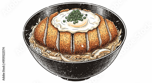 Japanese Katsu Don Bowl with Fried Egg and Green Garnish