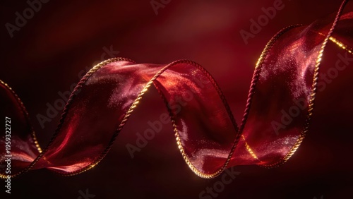 Burgundy organza ribbon with golden edges glows with fine glitter under warm light, creating a delicate and romantic luxury atmosphere, making it a visual material image suitable for backgrounds, mate