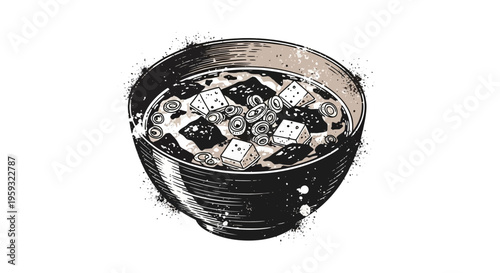 Miso soup in a bowl, Japanese food illustration