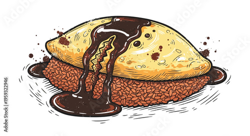 Omurice with chocolate sauce, Japanese comfort food illustration