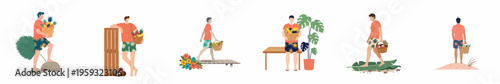 Vector set of a man carrying baskets with various tropical fruits in different summer vacation and travel-themed scenarios.