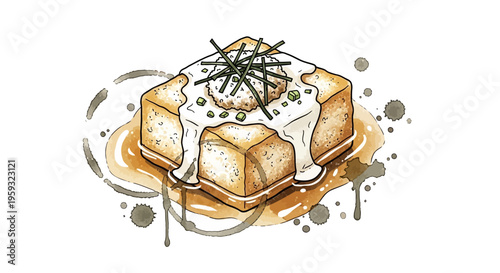 Square Tofu Dish with Sauce and Garnish