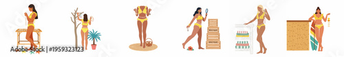 Vector illustrations of women in yellow bikinis shopping for beach accessories and jewelry in a tropical boutique setting, isolated on white background.