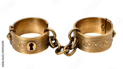Ornate vintage bronze shackles linked by chain, symbol of captivity or control