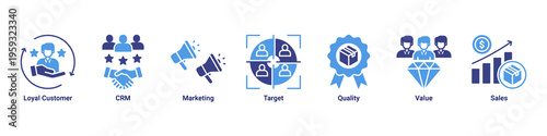 Customer Value web banner icon illustration featuring Loyal Customer,CRM,Marketing,Target,Quality,Value,and Sales