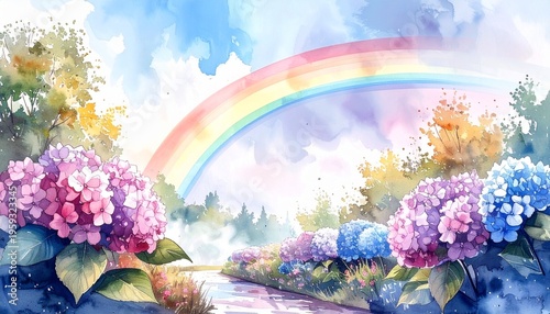 雨上がりの紫陽花と青空の虹の水彩画風イラスト　希望あふれる梅雨の背景素材