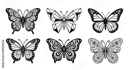 Set of Decorative Butterfly Vector Silhouettes with Mandala, Geometric, and Realistic Styles 2