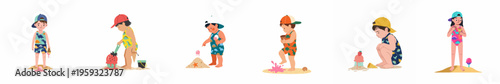 Cute toddlers in swimsuits playing on the beach with melting ice cream and sandcastles, vector illustration set isolated on a white background.