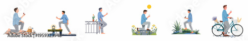 Collection of illustrations showing a man in different romantic settings preparing to propose with an engagement ring.