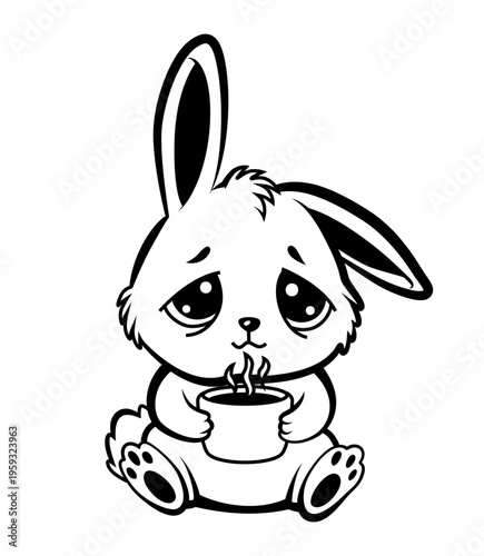 Sleepy restful bunny morning, Sunlit rustic kitchen with sleepy bunny and steaming mug, Serene rabbit in sunlit rustic setting clutching steaming mug amidst flour dust and morning aroma