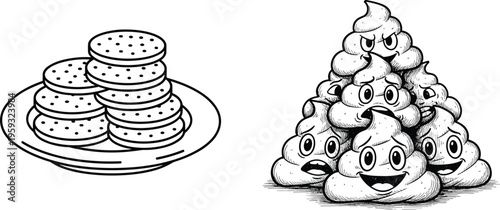 Cute Snack and Dessert Collection with Biscuits and Funny Pile of Poo Icons for Food, Comedy, and Whimsical Illustration Design Projects