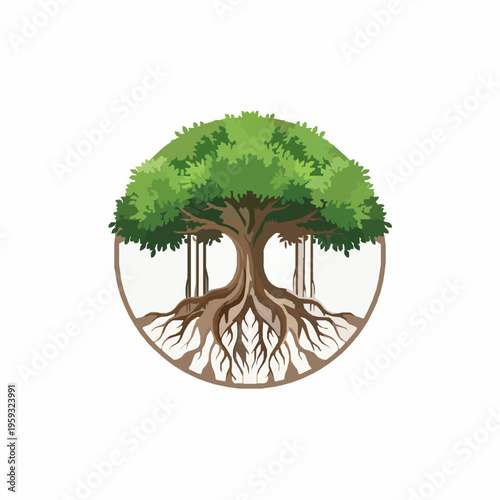 Rooted banyan tree circular logo vector illustration EPS10 isolated on white
