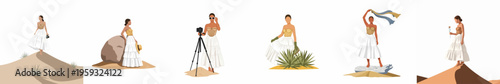 Minimalist flat vector illustrations of a fashionable woman in a white tiered skirt posing in various desert landscapes for a photoshoot.