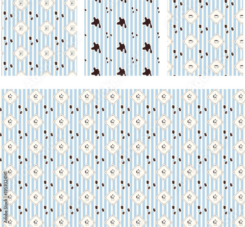 Set of text with coffee attributes, beans, coffee stain, cup, coffee machine on a blue and cream striped background in a combination of trendy colors and style. Set for coffee shops, gifts, posters