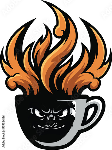 Fiery coffee cup mascot with flames and grinning face