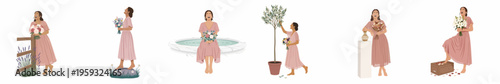 Collection of minimalist vector illustrations depicting a joyful woman in a pink dress with diverse floral bouquets in various outdoor settings on white background.