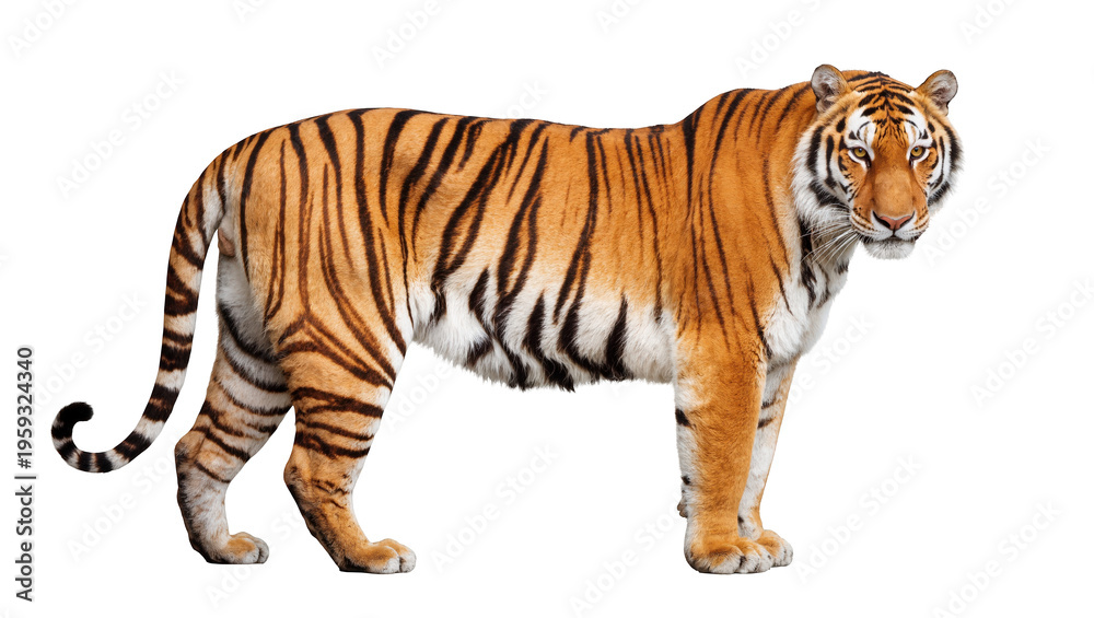 Obraz premium A full body studio shot of a powerful striped tiger standing and looking at camera