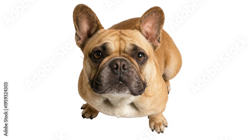 Fawn French Bulldog puppy looking up directly at camera with an alert expression