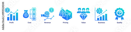 Revenue System web banner icon illustration featuring Profit,Cost,Revenue,Pricing,Value,Business,and Quality