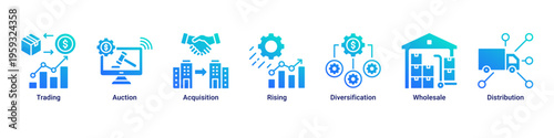 Market Growth web banner icon illustration with Trading,Auction,Acquisition,Rising,Diversification,Wholesale,and Distribution