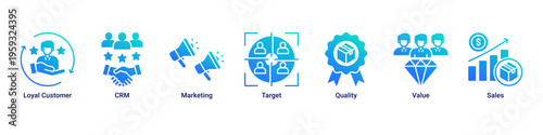 Customer Value web banner icon illustration featuring Loyal Customer,CRM,Marketing,Target,Quality,Value,and Sales