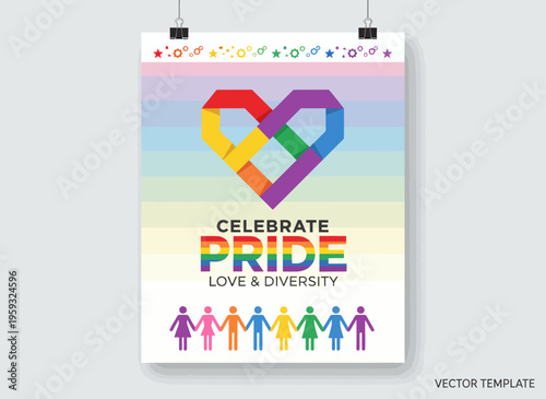 People celebrate Pride with colorful heart symbols and diverse human figures