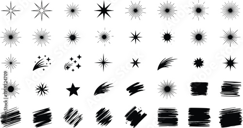 Starburst sparkle shooting star brushstroke icon collection, decorative vector artwork set, abstract design graphic, flat vector illustration