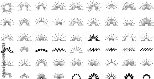 Sunburst sunrise icon silhouette collection, decorative vector artwork set, radiant design graphic, celestial illustration symbol, flat vector illustration