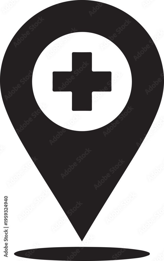 Fototapeta premium A medical location pin icon with a cross symbol on a white background