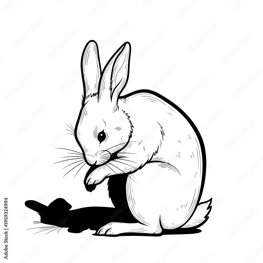 Fototapeta premium Rabbit grooming itself while sitting and casting a shadow 