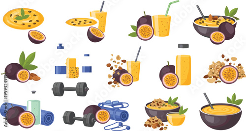 Healthy passion fruit fitness and breakfast set with juice, oatmeal bowls, gym equipment, fresh tropical nutrition lifestyle vector collection isolated on white background