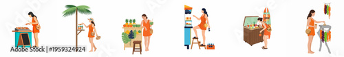 Flat illustrations of a female tourist in an orange romper visiting various tropical street food, fruit, and drink stalls on vacation.