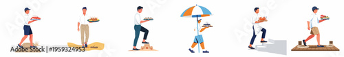 Flat illustration set of male waiters serving fresh seafood like lobster, crab, and oysters in beach and coastal settings.