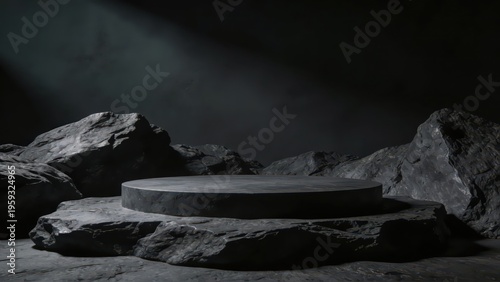 A round booth with dark rock texture presents a calm and heavy high-end sense against a dark background, making it a visual material image suitable for backgrounds, materials and product booth scenari
