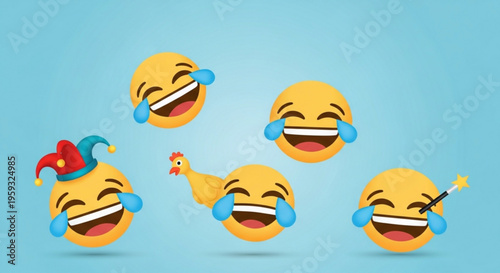Laughing emojis with tears of joy on blue background various funny faces