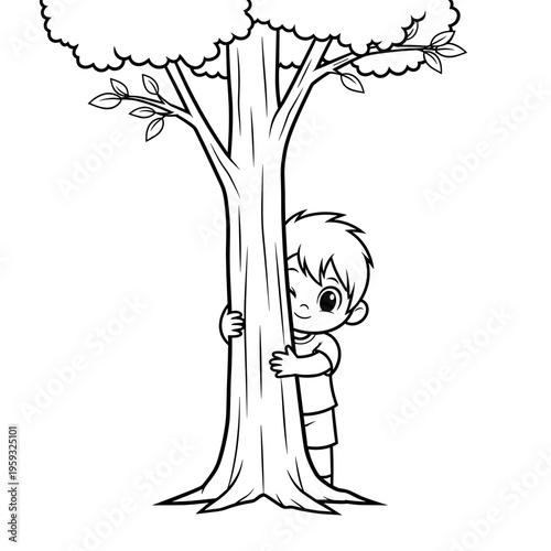 Child hiding behind tree in black and white, isolated on transparent background  