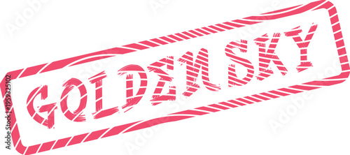 A grunge style red ink stamp impression displaying the evocative words Goldensky within a framed border