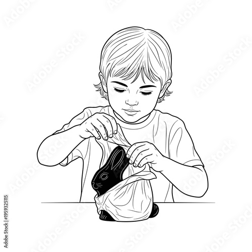 Young child unwrapping chocolate bunny with excitement at table, isolated on transparent background  