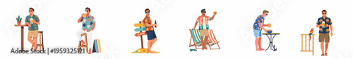 Set of flat illustrations featuring young men in Hawaiian shirts enjoying tropical vacations, drinking beer, and relaxing in beach-themed settings.