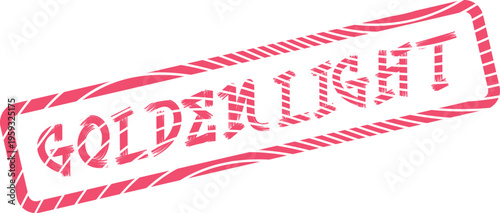 A grunge style red rubber stamp imprint displaying the word Goldenlight with a striped border