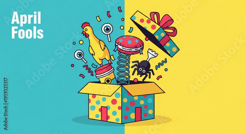 Colorful april fools illustration of a chicken spider and gifts popping out of a polka dot box on blue and yellow background with confetti and spring