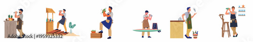 Set of male bartenders preparing tropical cocktails at beach bars, flat vector illustration featuring cocktail shakers, fruits, and summer vacation vibes.