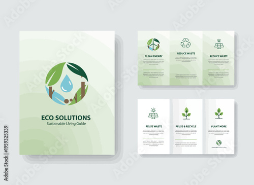 Eco friendly solutions brochure set with green illustrations and water droplet logo on white background