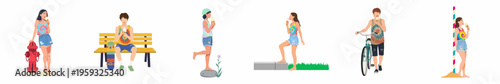 Set of flat vector illustrations featuring young people enjoying ice cream and outdoor activities during a vibrant summer day.