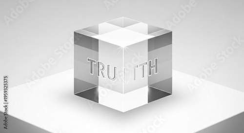 Transparent glass cube with 'truth' engraved on sides sitting on white surface symbolizing honesty and clarity